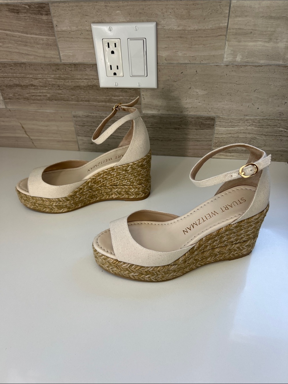 Stuart Weitzman espadrille open toe wedges heels sandals natural cream canvas - Picture 8 of 9